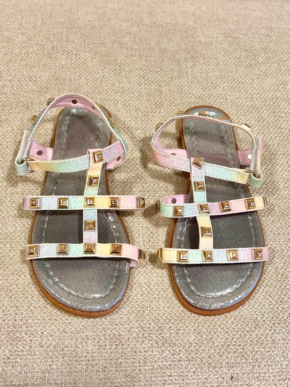 Girls Pastel Rainbow Size 9 Studded Gladiator Sandals Glitter Summer Shoes